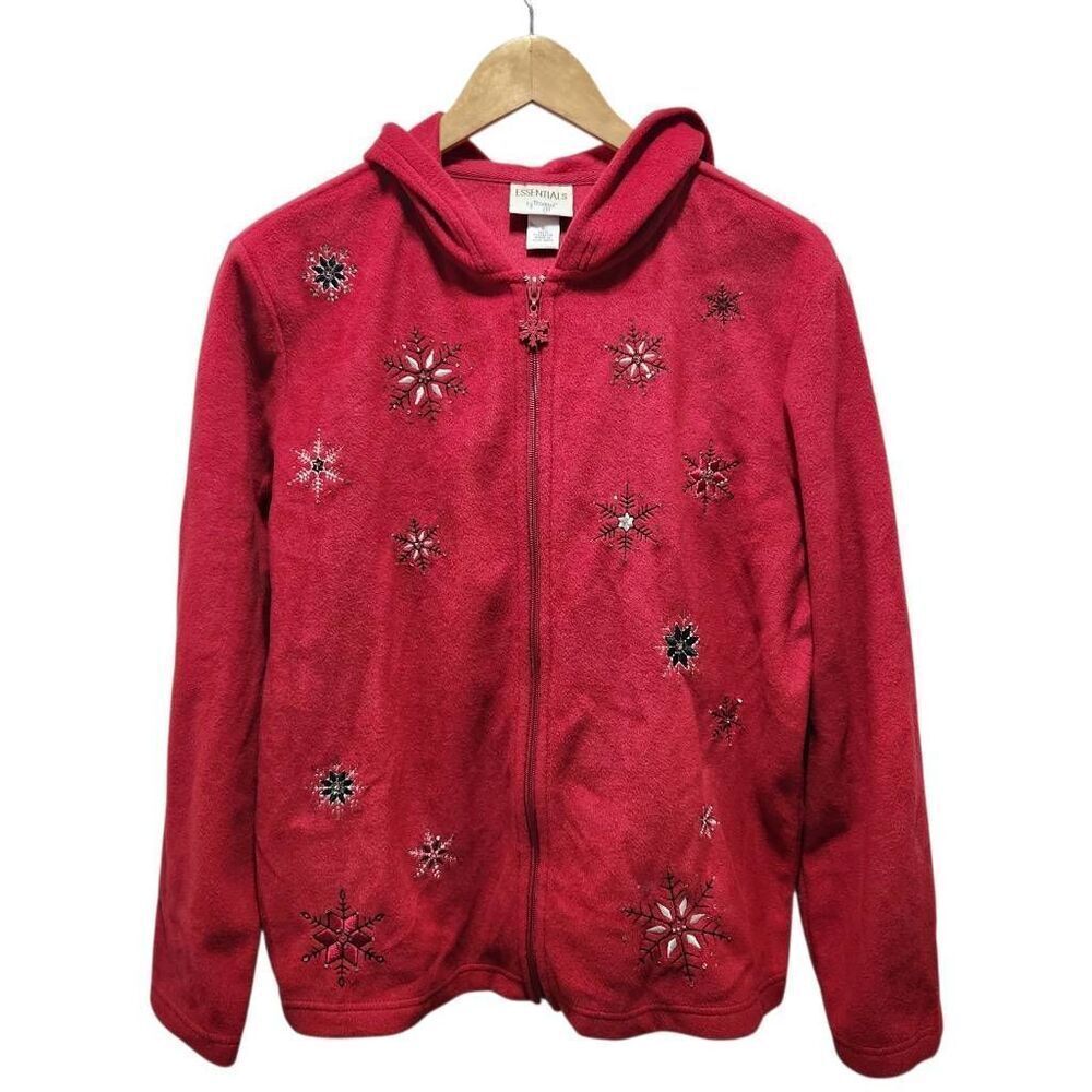Essentials by Maggie zip‎ front hoodie red with snowflake embroidery Large